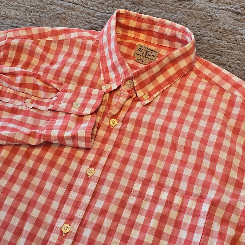 J.Crew Mens Large Red White‎ Gingham Check Button Down Long Sleeve Cotton Shirt